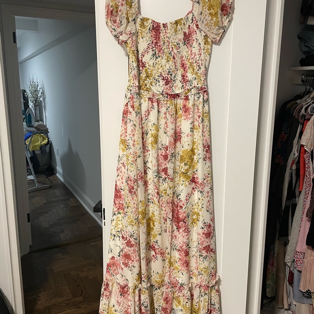 Floral Puff-Sleeve Maxi Dress in Cream, Pink & Mustard